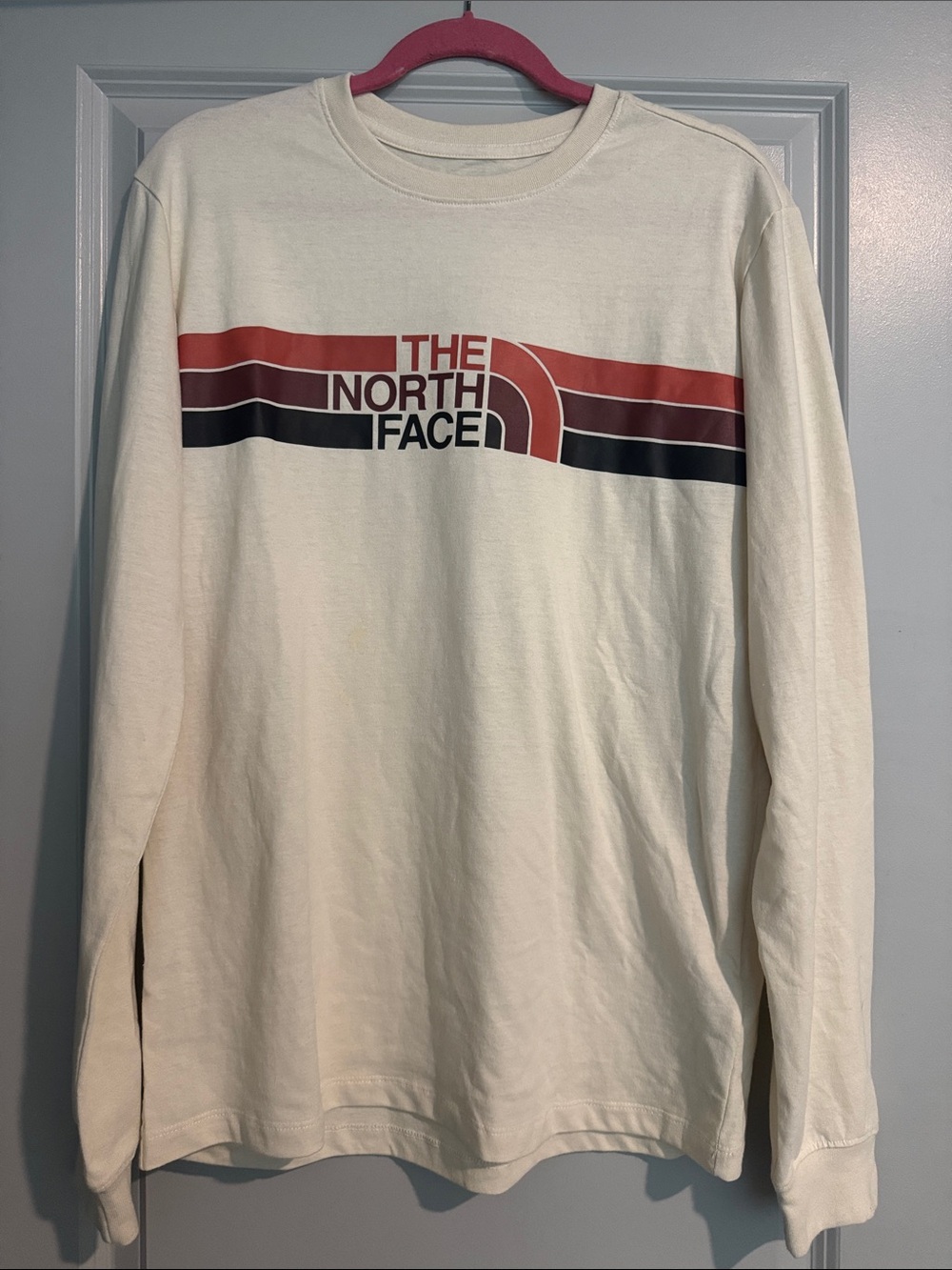 The North Face Beige Long Sleeve Tee with Red & Black Stripes